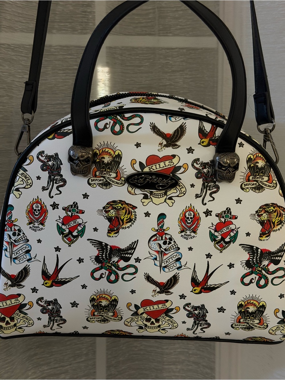 Ed hardy White Tattoo-Print Satchel Bag /lunch tote with thermal lining.